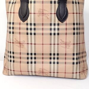 Burberry Beige Plaid Tote with Black and Red Trim